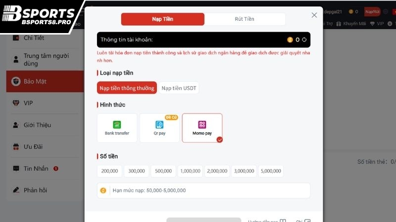 Hướng dẫn các bước nạp tiền Bsports bằng ví điện tử Momopay  