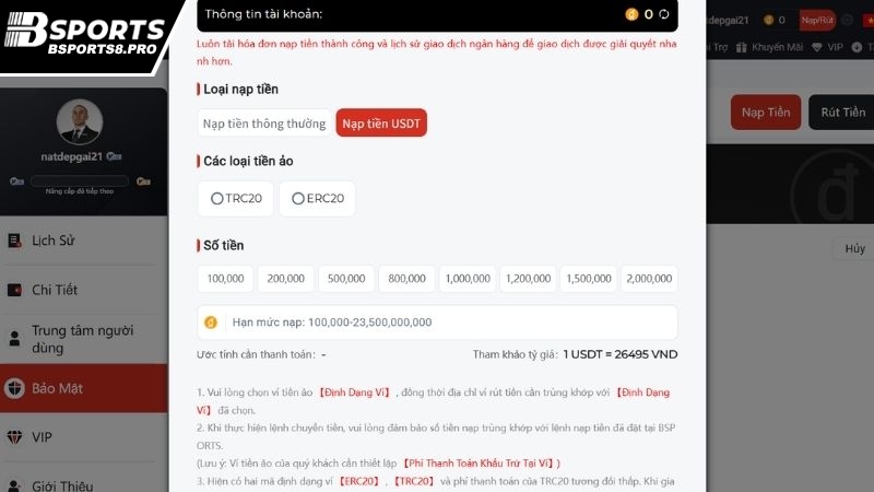 Nạp tiền Bsports bằng USDT mang đến sự tiện lợi tối đa
