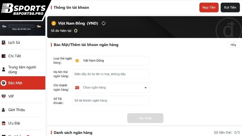 Người chơi cần liên kết ngân hàng trước khi nạp tiền Bsports  